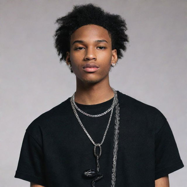 Hip Hop styled teenage male wearing a black aesthetic outfit and a necklace featuring a black snake.