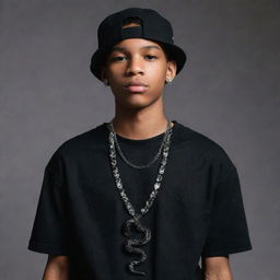 Hip Hop styled teenage male wearing a black aesthetic outfit and a necklace featuring a black snake.