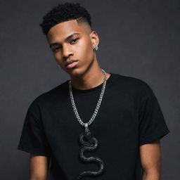 Hip Hop styled teenage male wearing a black aesthetic outfit and a necklace featuring a black snake.