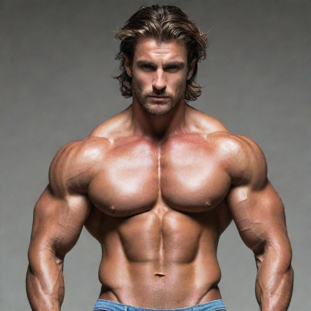 Ruggedly handsome hunk male model, flexing his shredded physique adorned with hair.