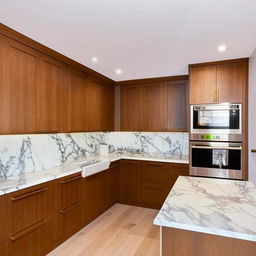 An I-shaped kitchen design with modern amenities, white marble countertops, stainless steel appliances, and sleek wooden cabinets