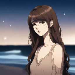 A 26-year-old woman with long brown hair and bangs, light brown eyes, wearing a casual dress