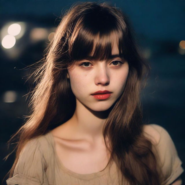 A 26-year-old woman with long brown hair and bangs, and light brown eyes, wearing a vintage-style outfit