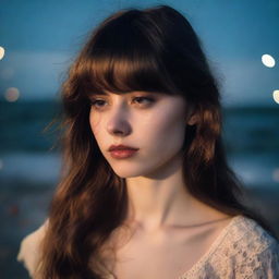 A 26-year-old woman with long brown hair and bangs, and light brown eyes, wearing a vintage-style outfit