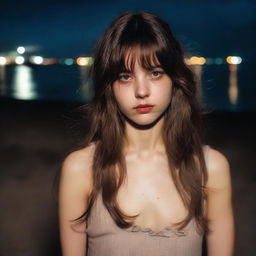 A 26-year-old woman with long brown hair and bangs, and light brown eyes, wearing a vintage-style outfit