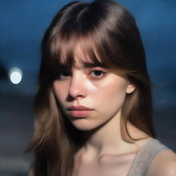 A 26-year-old woman with long brown hair with bangs and light brown eyes, wearing a casual dress