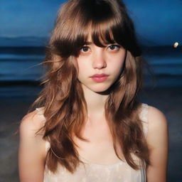 A 26-year-old woman with long brown hair with bangs and light brown eyes, wearing a casual dress