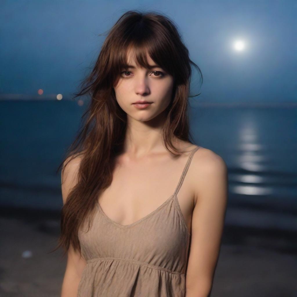 A 26-year-old woman with long brown hair with bangs and light brown eyes, wearing a casual dress