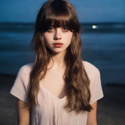 A 26-year-old woman with long brown hair with bangs and light brown eyes, wearing a casual dress