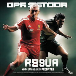 Create a movie cover featuring Ian Rush, the legendary footballer, in a dramatic face-off against the Predator from the iconic sci-fi franchise