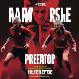 Create a movie cover featuring Ian Rush, the legendary footballer, in a dramatic face-off against the Predator from the iconic sci-fi franchise