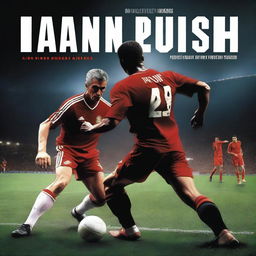 Create a movie cover featuring Ian Rush, the legendary footballer, in a dramatic face-off against the Predator from the iconic sci-fi franchise