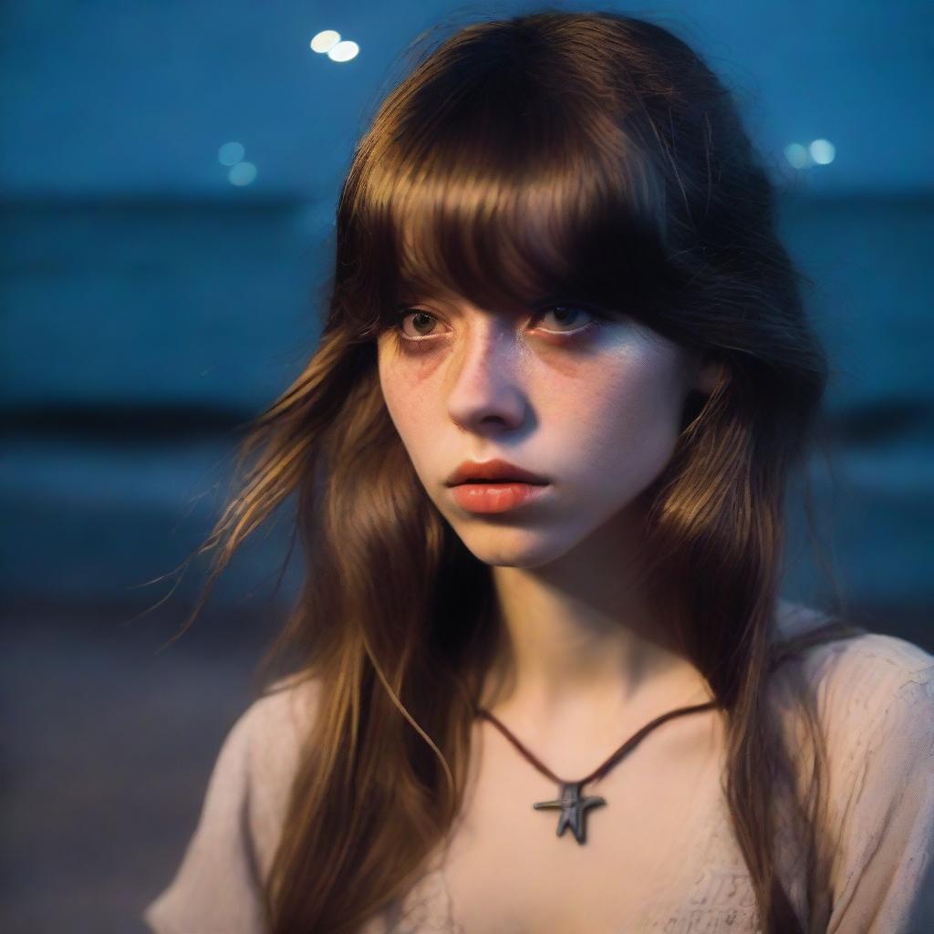 A 26-year-old woman with long brown hair with bangs and light brown eyes, wearing a vintage style outfit