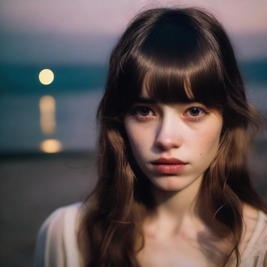 A 26-year-old woman with long brown hair with bangs and light brown eyes, wearing a vintage style outfit