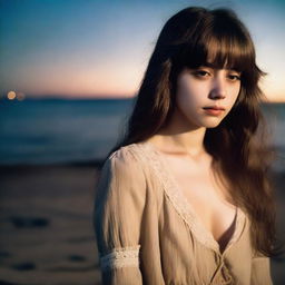 A 26-year-old woman with long brown hair with bangs and light brown eyes, wearing a vintage style outfit