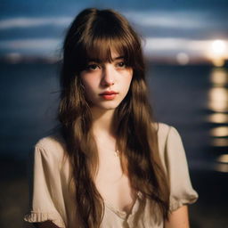 A 26-year-old woman with long brown hair with bangs and light brown eyes, wearing a vintage style outfit