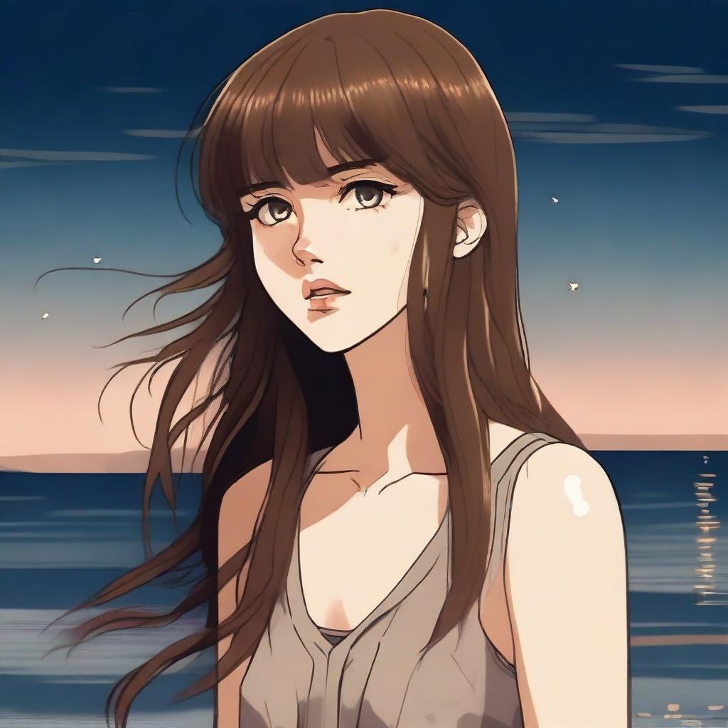 A 26-year-old woman with long brown hair with bangs and light brown eyes, wearing a casual dress