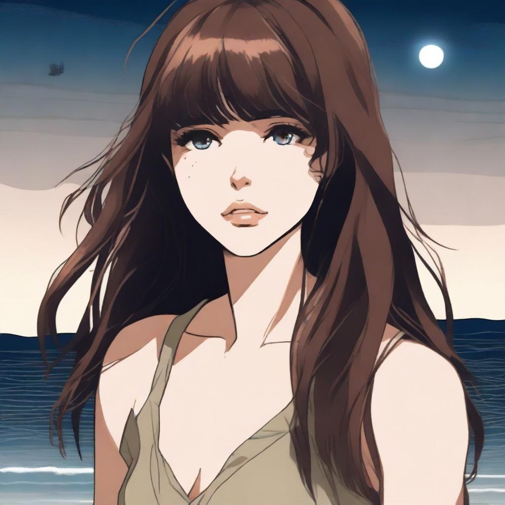 A 26-year-old woman with long brown hair with bangs and light brown eyes, wearing a casual dress