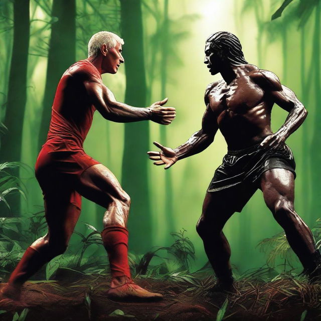 A dynamic movie poster featuring Ian Rush, the famous Liverpool football club player, facing off against the Predator from the Predator movie franchise