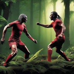 A dynamic movie poster featuring Ian Rush, the famous Liverpool football club player, facing off against the Predator from the Predator movie franchise