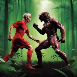 A dynamic movie poster featuring Ian Rush, the famous Liverpool football club player, facing off against the Predator from the Predator movie franchise