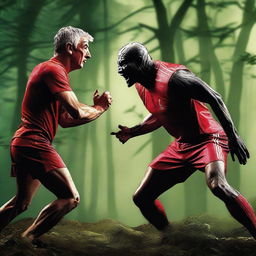 A dynamic movie poster featuring Ian Rush, the famous Liverpool football club player, facing off against the Predator from the Predator movie franchise