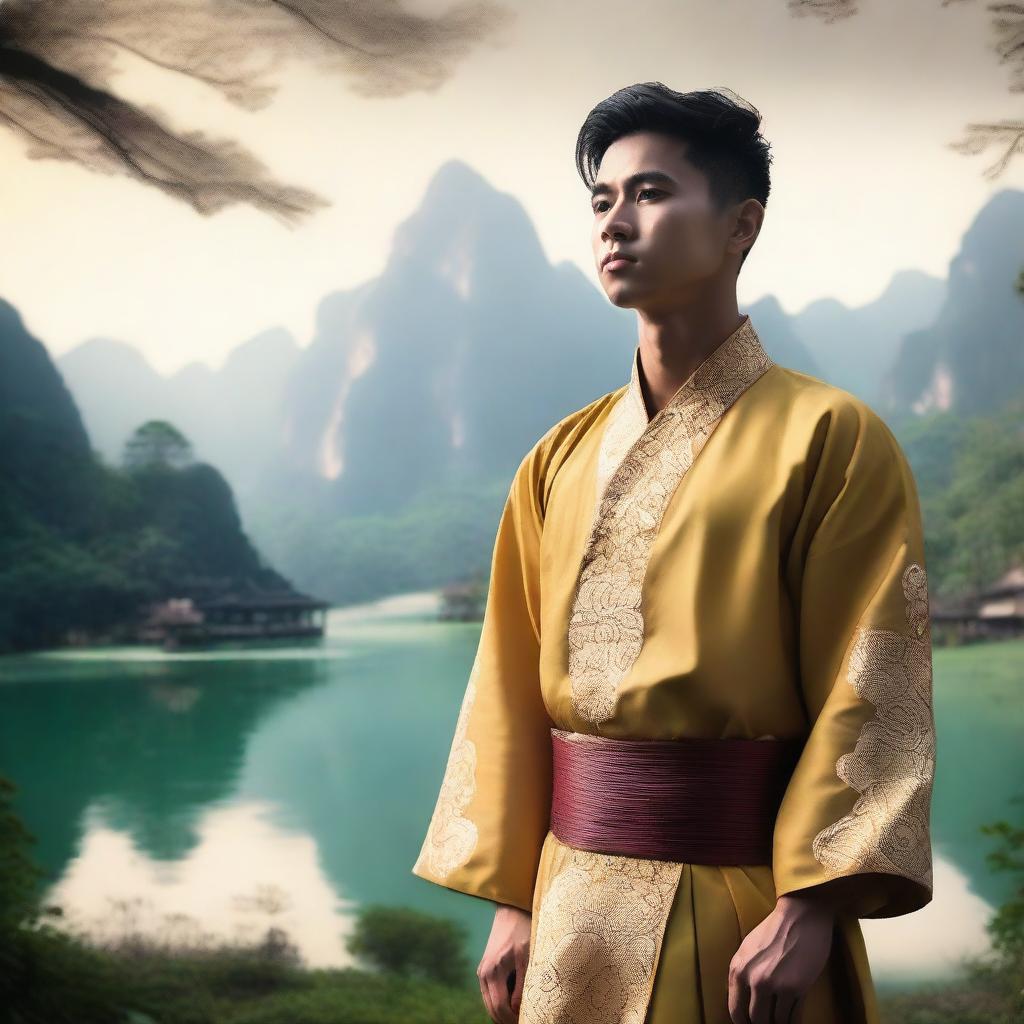 Create an image of a young man from Southeast Asia, dressed in traditional attire, standing confidently with a serene landscape in the background