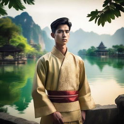 Create an image of a young man from Southeast Asia, dressed in traditional attire, standing confidently with a serene landscape in the background