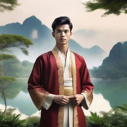 Create an image of a young man from Southeast Asia, dressed in traditional attire, standing confidently with a serene landscape in the background