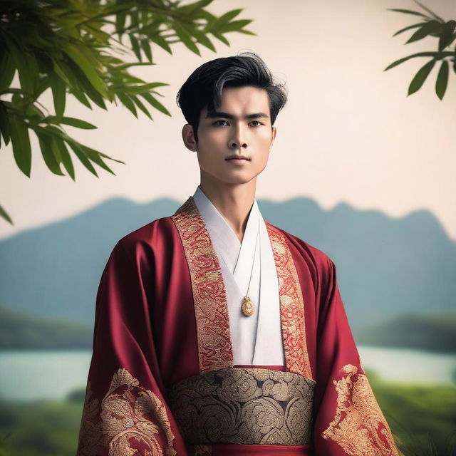 Create an image of a young man from Southeast Asia, dressed in traditional attire, standing confidently with a serene landscape in the background