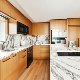 An I-shaped kitchen design with modern amenities, white marble countertops, stainless steel appliances, and sleek wooden cabinets