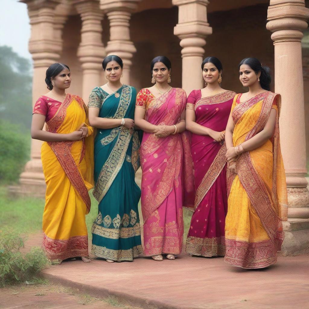 A group of Indian women, around the age of 35, wearing traditional sarees