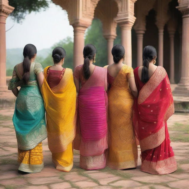 A group of Indian women, around the age of 35, wearing traditional sarees