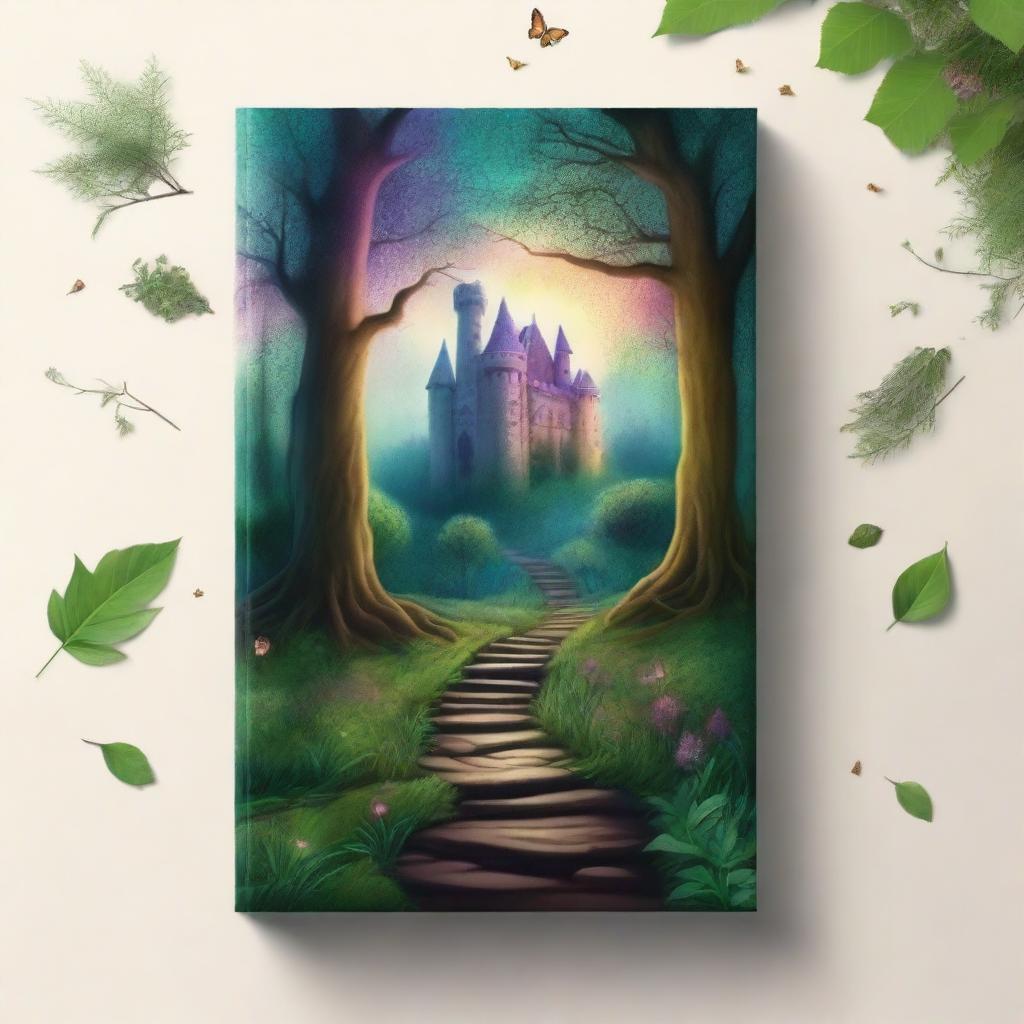 Create a captivating book cover featuring an enchanting forest with a mysterious pathway leading to an ancient castle