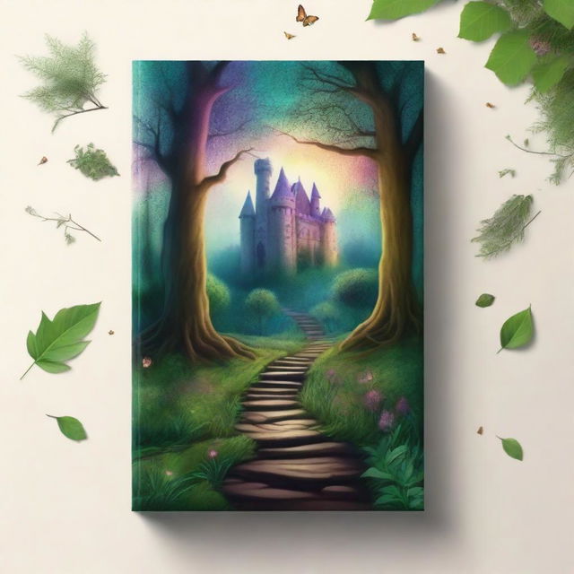 Create a captivating book cover featuring an enchanting forest with a mysterious pathway leading to an ancient castle