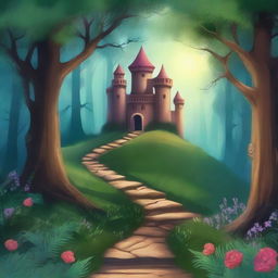 Create a captivating book cover featuring an enchanting forest with a mysterious pathway leading to an ancient castle