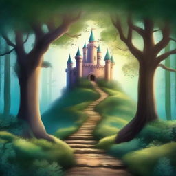 Create a captivating book cover featuring an enchanting forest with a mysterious pathway leading to an ancient castle