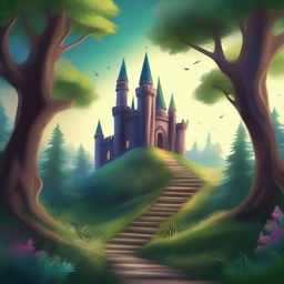 Create a captivating book cover featuring an enchanting forest with a mysterious pathway leading to an ancient castle