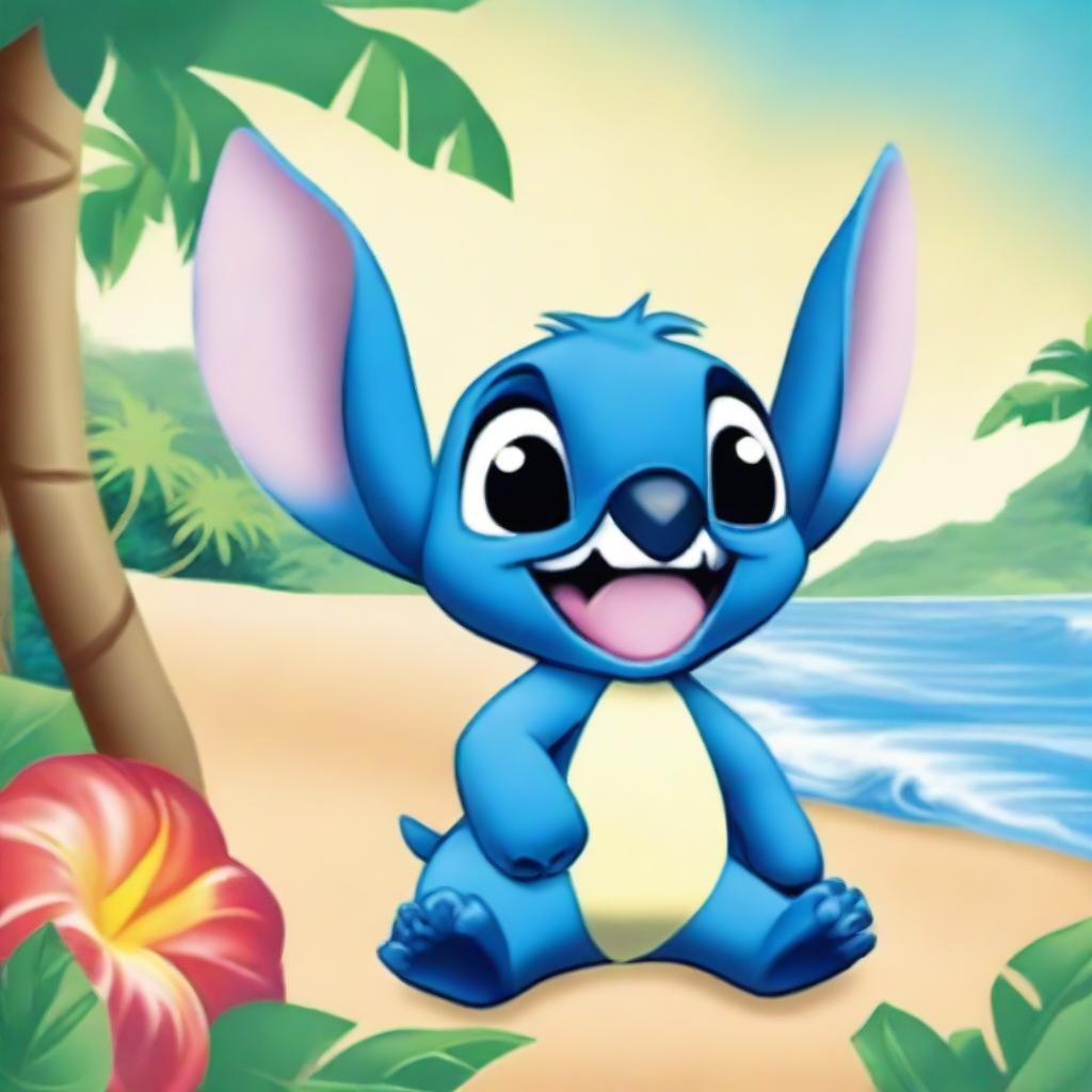 A vibrant and playful image featuring Stitch from Disney's Lilo & Stitch