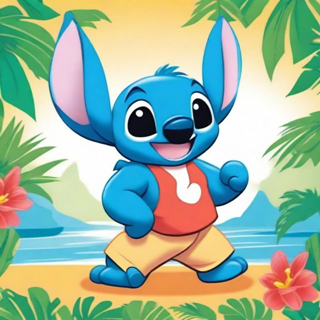 A detailed and vibrant illustration of Stitch from Disney's Lilo & Stitch