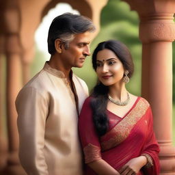 A mature-themed image featuring an attractive Indian woman and a man in a romantic setting