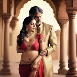 A mature-themed image featuring an attractive Indian woman and a man in a romantic setting