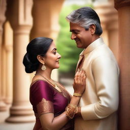 A mature-themed image featuring an attractive Indian woman and a man in a romantic setting