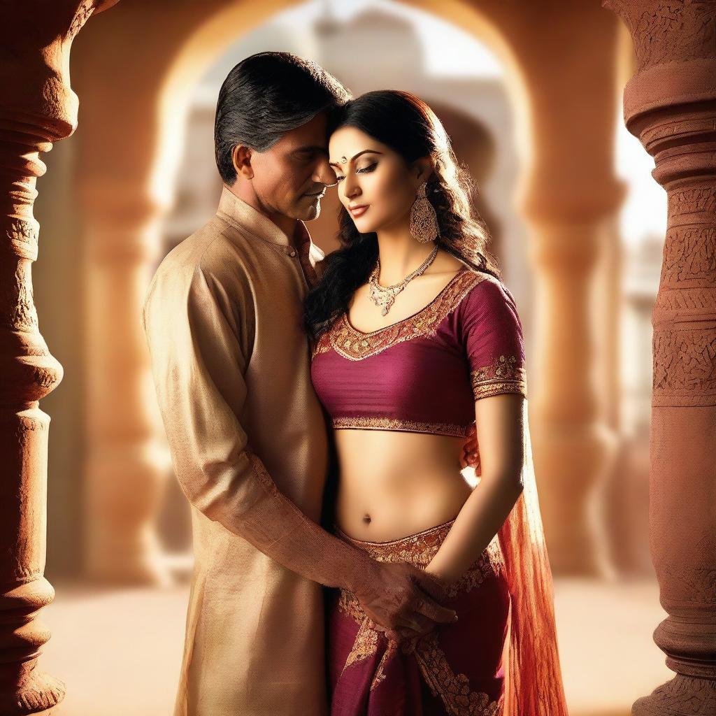 A mature-themed image featuring an attractive Indian woman and a man in a romantic setting