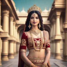 A beautiful Indian queen dressed in traditional royal attire, adorned with intricate jewelry and a majestic crown