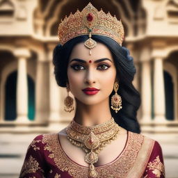 A beautiful Indian queen dressed in traditional royal attire, adorned with intricate jewelry and a majestic crown