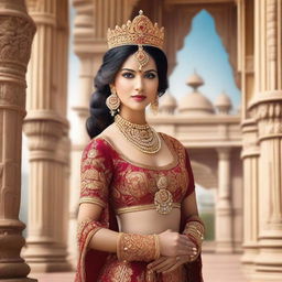 A beautiful Indian queen dressed in traditional royal attire, adorned with intricate jewelry and a majestic crown