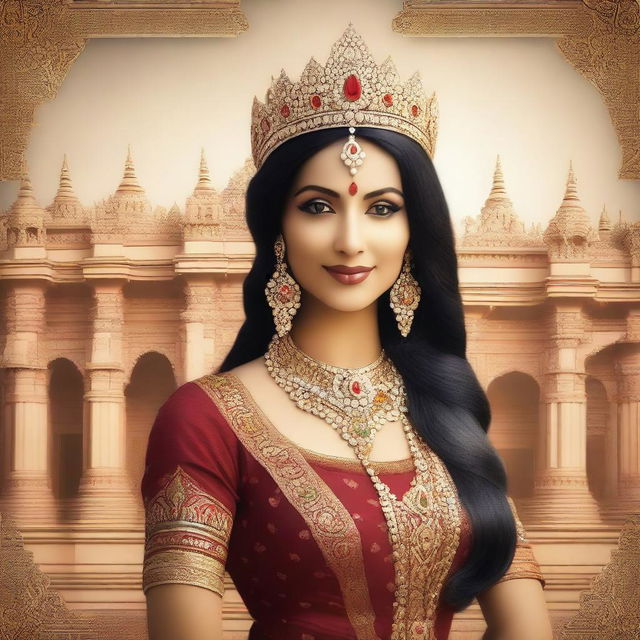 A beautiful Indian queen dressed in traditional royal attire, adorned with intricate jewelry and a majestic crown