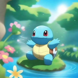 A cute and playful scene featuring Squirtle, the water-type Pokémon, splashing water playfully in a serene pond surrounded by lush greenery and flowers