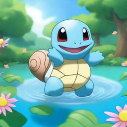 A cute and playful scene featuring Squirtle, the water-type Pokémon, splashing water playfully in a serene pond surrounded by lush greenery and flowers